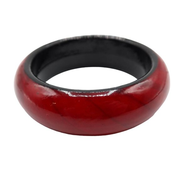 Burgundy Black Domed Lacquered Wood Bangle Cuff Bracelet Boho Unsigned - Picture 2 of 5